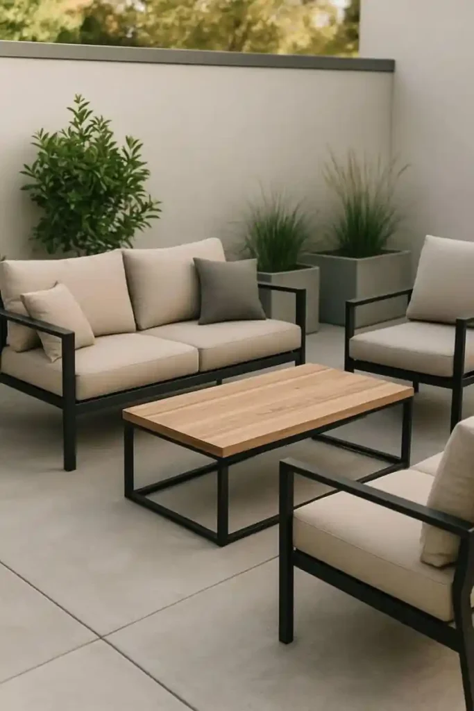 Mobiliario jardín minimalista mesa centro madera
