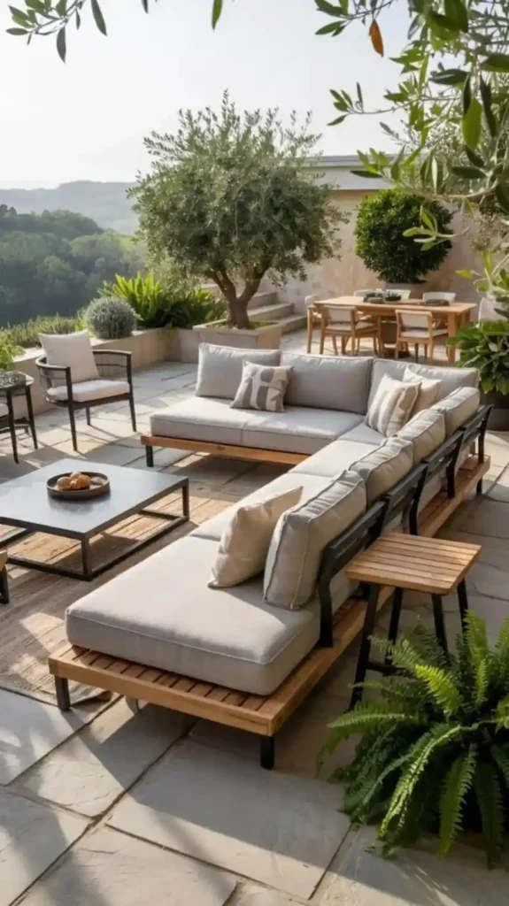 Conjunto sofás jardín cojines beige mesa madera
