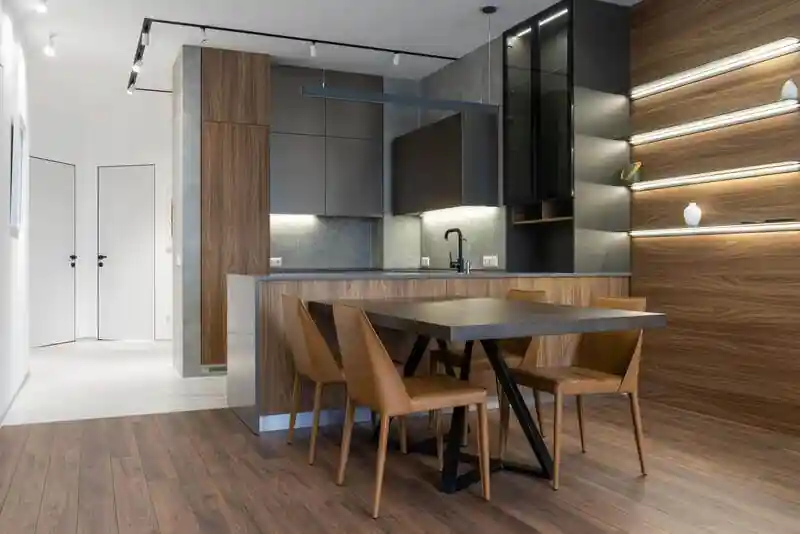 Mesa salón madera oscura cocina contemporánea
