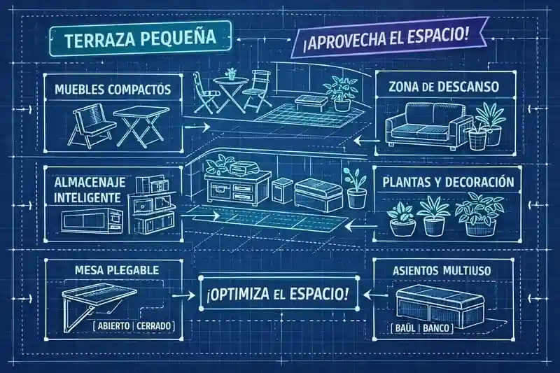 plano indicando muebles para terrazas pequeñas
